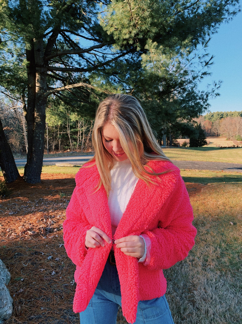 Ultra-cozy jacket in coral or ivory Front clasp and fully lined