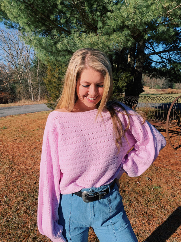 Beautiful lilac off the shoulder sweater with detailed knit design
